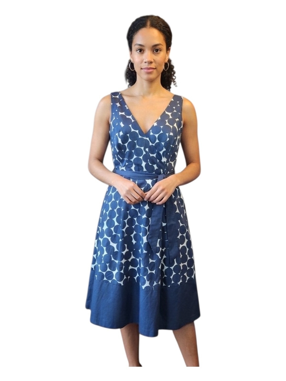 Jones & Co. Sleeveless Blue Polka Dot V-Neck Midi Dress with Self-Tie Belt 8